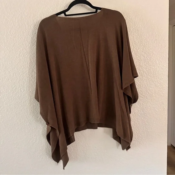 Brown Oversized Dolman Poncho Sweater One Size V-Neck High Low Hem Cozy Knit - Picture 3 of 6